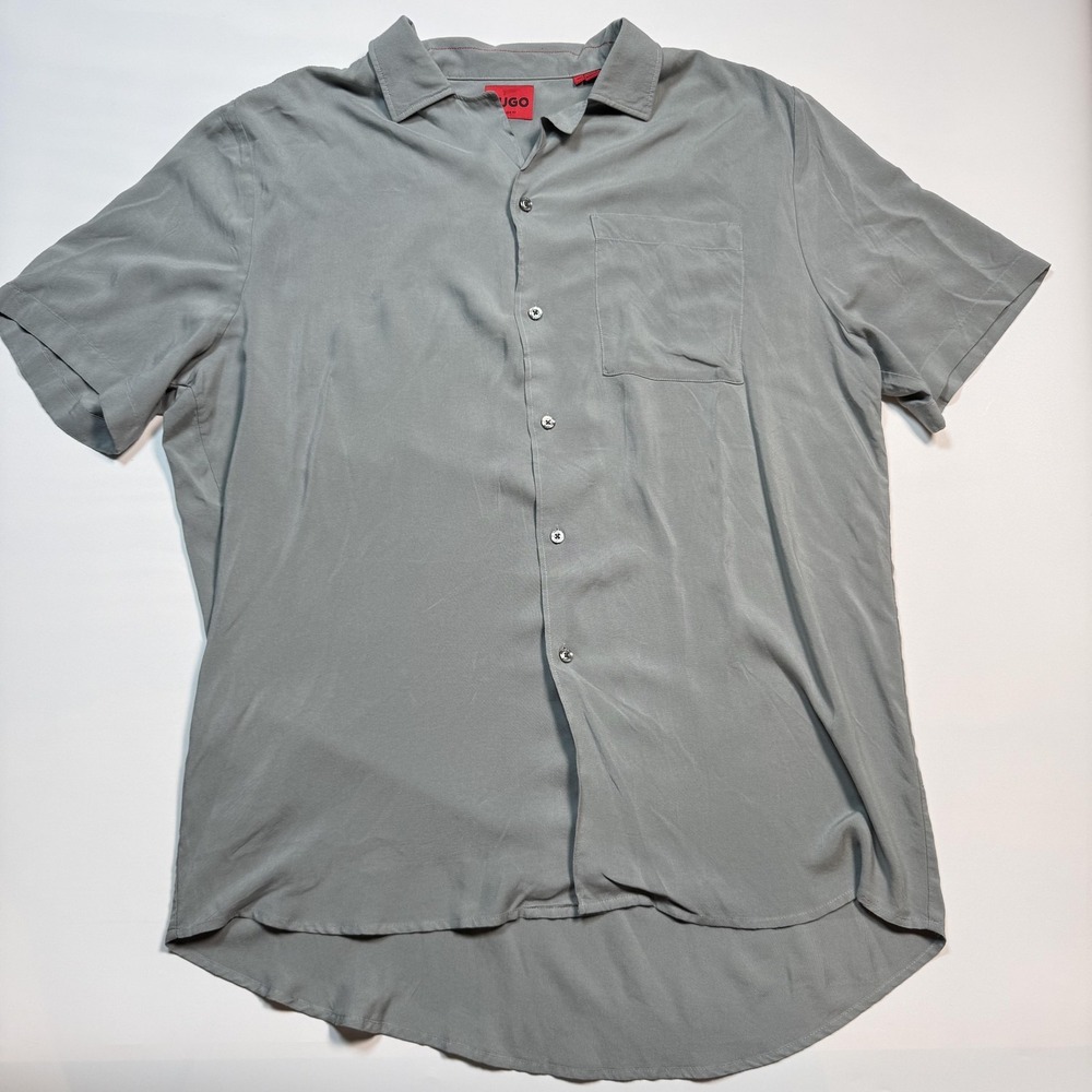 HUGO Shirt Mens 2XL Gray Short Sleeve Button Front Straight Fit Casual Top